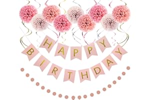 LITAUS Birthday Decorations Set, Birthday Decoration for Women, Happy Birthday Banner, Tissue Paper Poms, Hanging Swirls, Pap