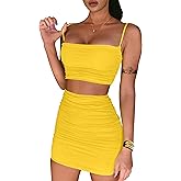 BEAGIMEG Women's Ruched Cami Crop Top Bodycon Skirt 2 Piece Outfits Dress
