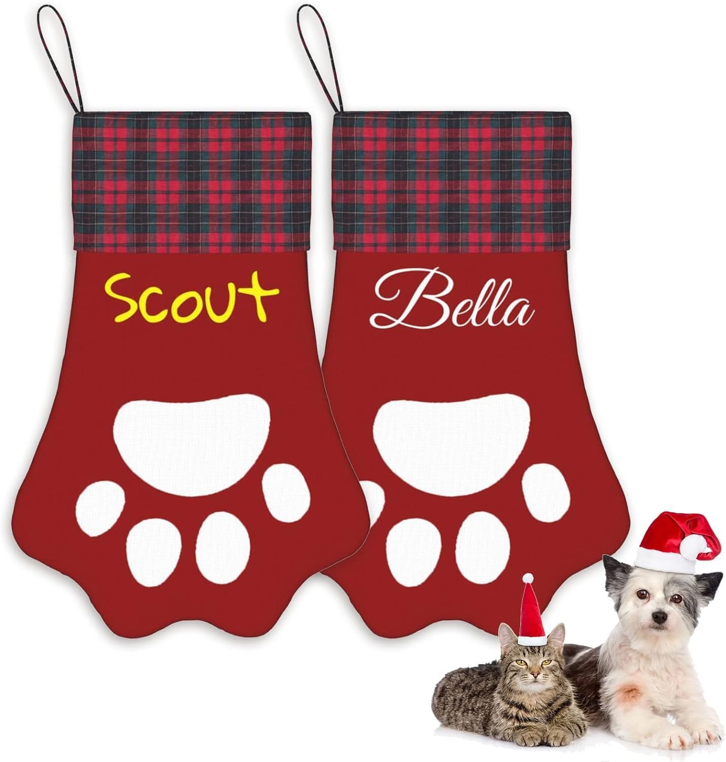 Stockings & Holders - LHTB Personalized Christmas Stocking for Dogs and Cats, Paw Shape Stocking Custom Design with Pet Name, Xmas Home Decorations Farmhouse Fireplace Hanging Ornament (1-Pack)