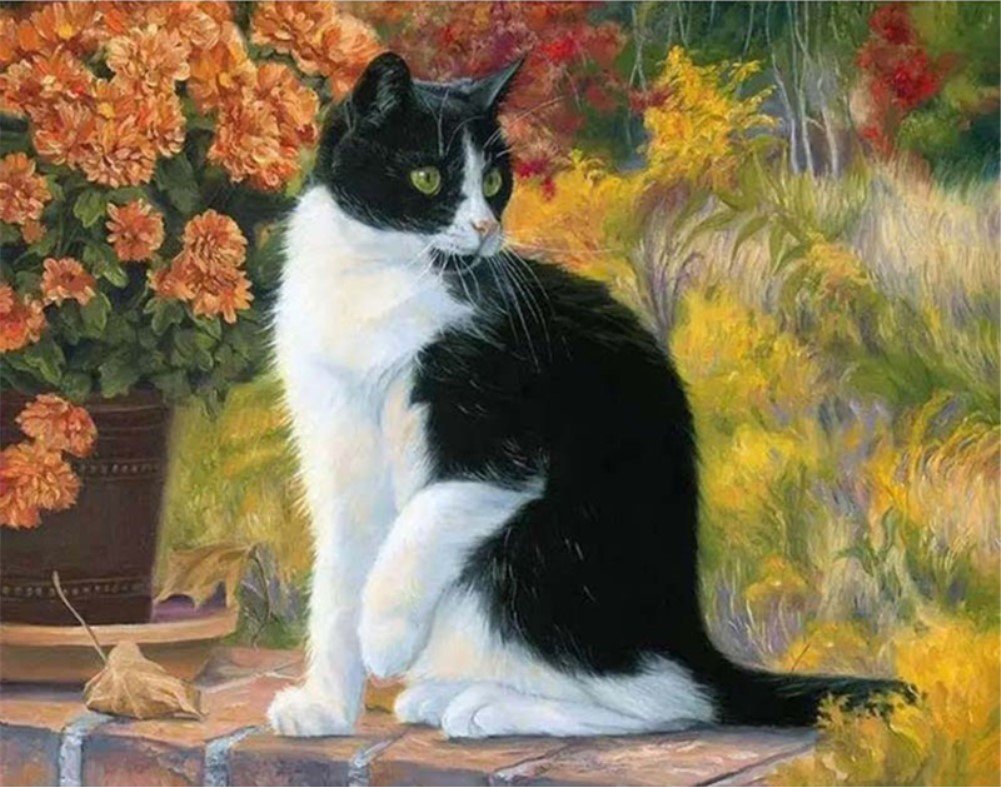 ABEUTY DIY Paint by Numbers for Adults Beginner Black & White Cat Garden 16x20 inches Number Painting (No Framed)