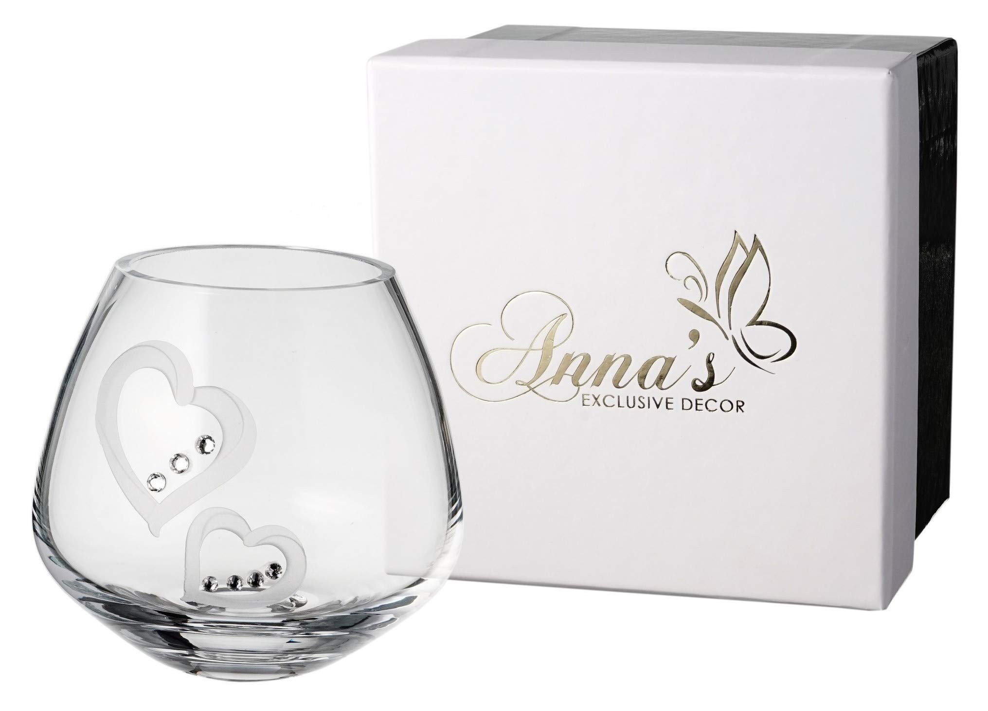 Hearts Tea Light Holder - Swarovski Crystals and Etched Hearts - Luxury Mouth Blown Glass Candle Holder for Wedding Anniversary Home Decor - Satin Lined Gift Box - 4 in (10 cm)