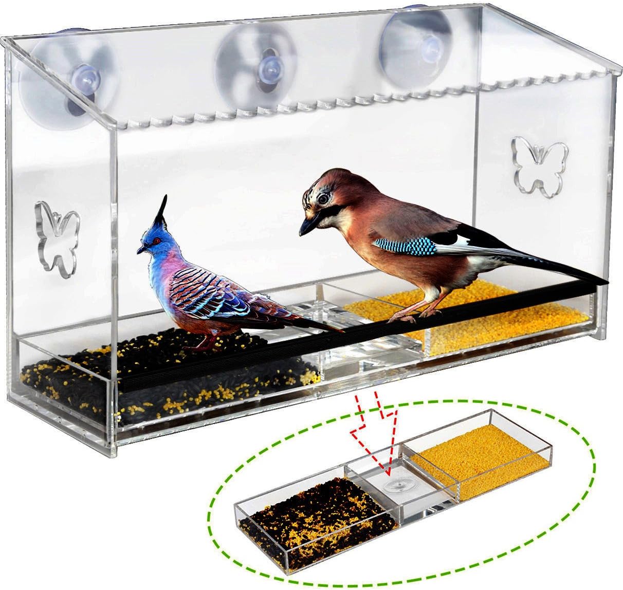 Large Window Bird Feeder, (12X7.2X4.0 inch 2 lb)Homono Acrylic Clear See - Through Wild Birds House with Removable Foods and Water Tray, Drain Holes, Butterfly Carving and 3 Suction Cups