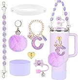 Stanley Cup Accessories Set, 10mm Bow Straw Topper, Siliocne Boot, Water Bottle Handle Strap, Letter Charms for Stanley Cup Straw Cover Cap Tumbler 40oz 30oz (C)