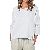 Amazhiyu Women's 100% Linen 3/4 Sleeve Blouse Crew Neck Loose Fit Summer Casual Tops