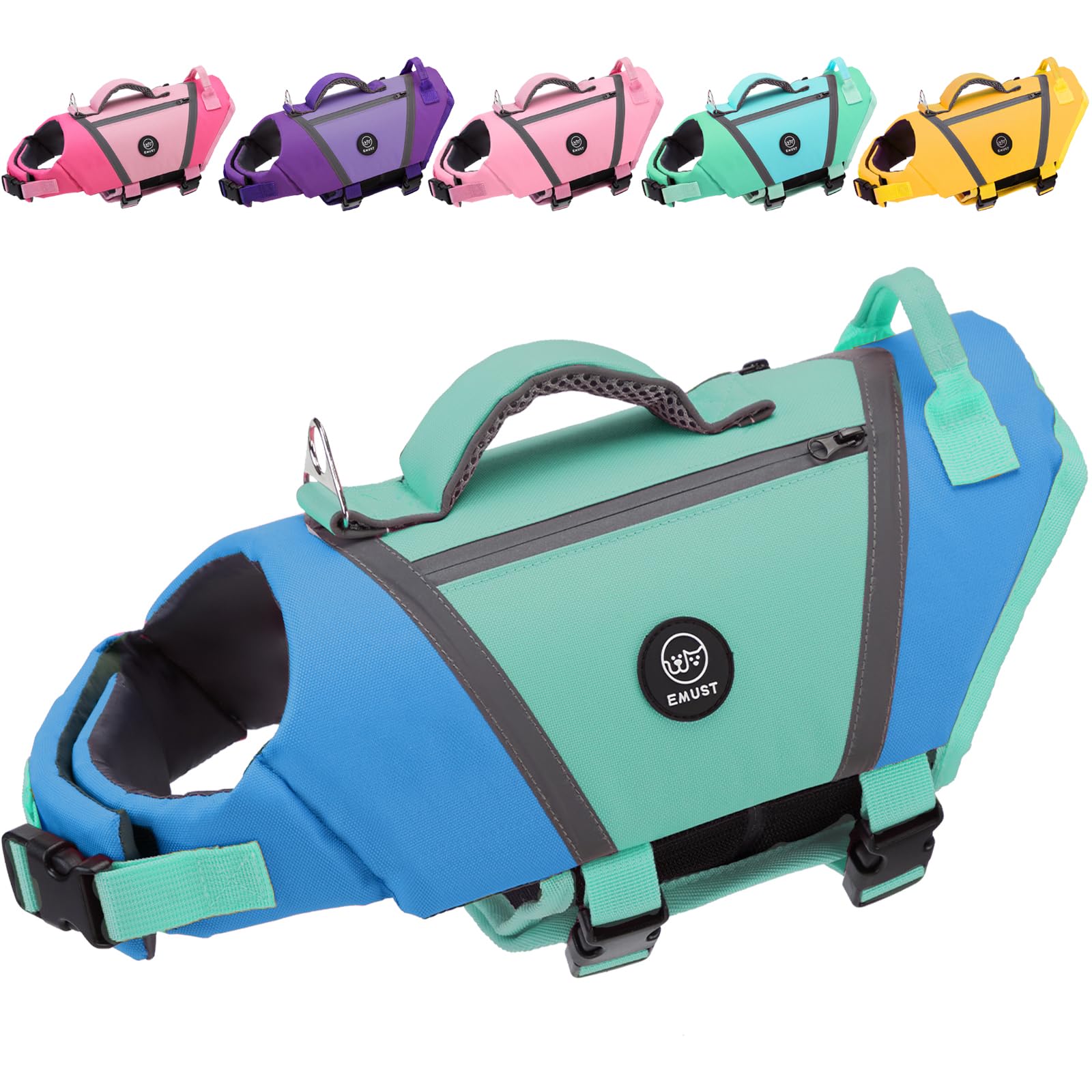 EMUST Dog Flotation Vest, High Visibility Life Vests for Dogs with High Buoyancy, Heavy-Duty Dog Life Jackets for Large Dogs with Adjustable Straps for Pugs, Boxers, Basset Hounds, Blue, L