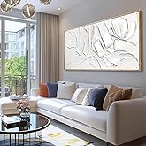 XIANSHOU White Artwork for Walls Contemporary Abstract Art Hand Painted 29"x58" Line Art Wall Decor Large Wall Art for Living Room Bedroom Hotel