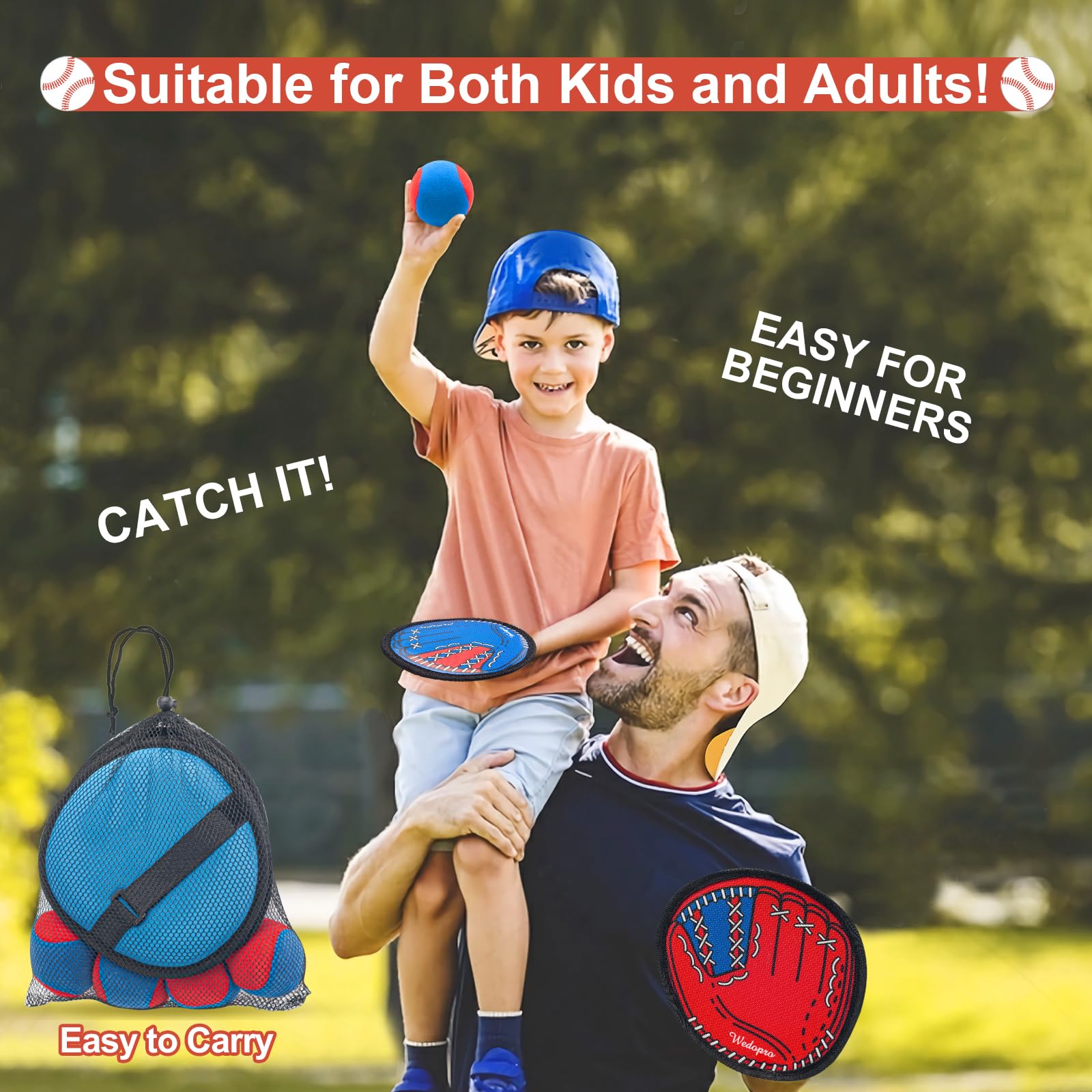 Toss and Catch Ball Game, Kids Toddler Baseball Glove & Catch Ball Toys, Kids Outdoor Games for Family, Toys for Beach Pool Yard Outside, Birthday Gift for Ages 3 4 5 6 7 8-12 (Red/Blue-4 Pack)
