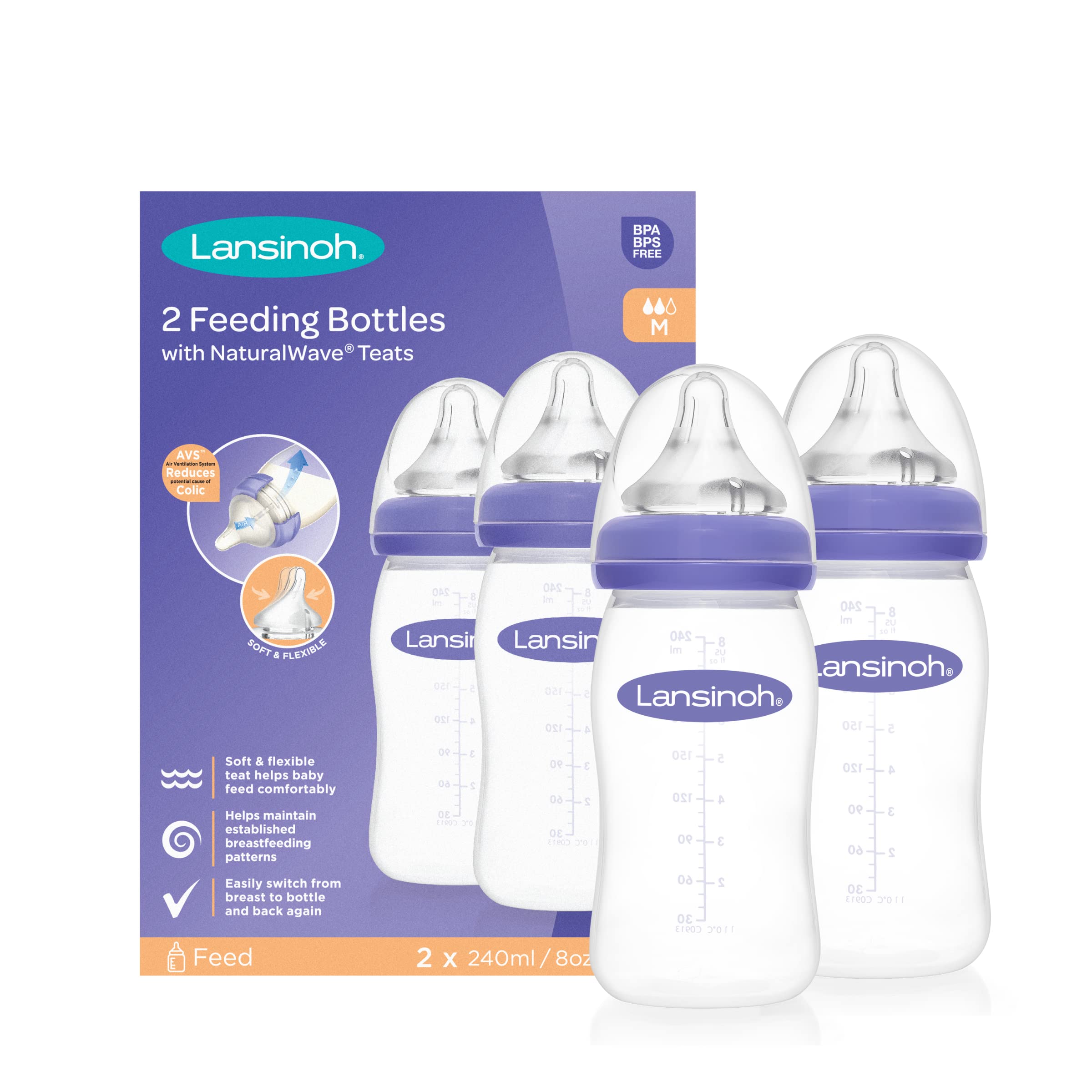 Lansinoh Laboratories Baby Bottles with NaturalWave Medium Flow Teat (240 ml, Pack of 2), LSH22