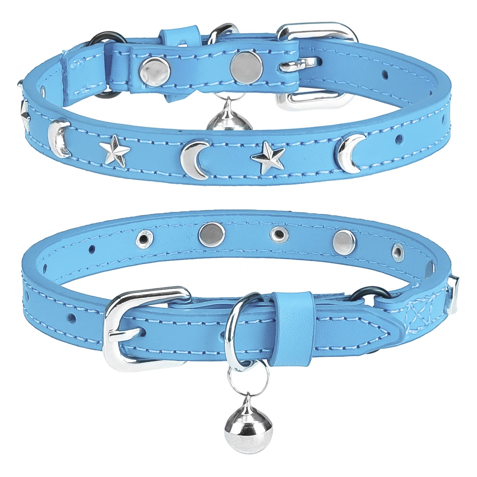 DILLYBUD Leather Cat Collars for Boy Girl Cats with Bell and Safety Elastic Belt, Personalized Star and Moon Stud Adjustable Safe Buckle Collar for Kitty Small Big Cats Size 8-12 Inch, Light Blue