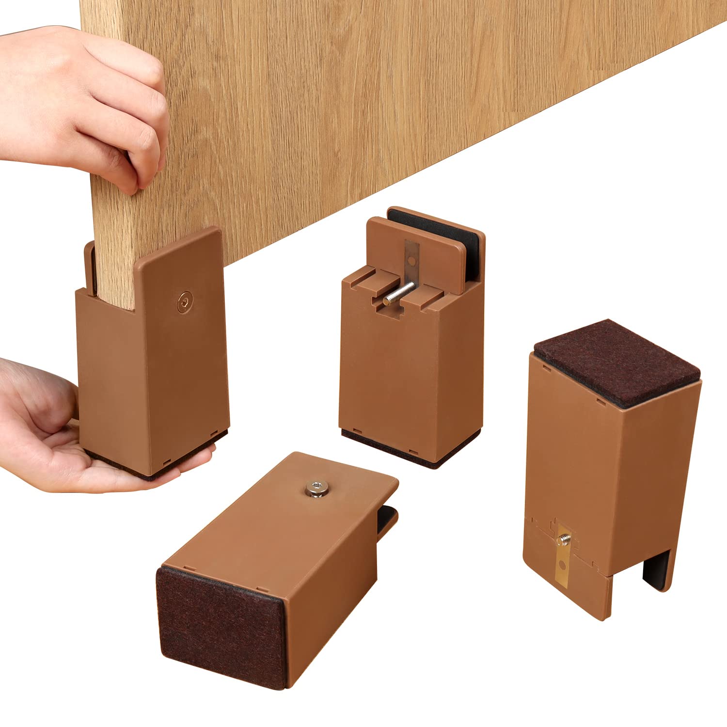 Ezprotekt Risers with Screw Clamp, 4 Inch Heavy Duty Sofa Tables Chair Risers, fit Square/Round Chair Leg Diameter from 0''–1.5'', Supports 20,000 lbs (Brown, 4 Pack)