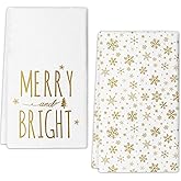 JOOCAR Gold Christmas Kitchen Towels Merry and Bright Christmas Kitchen Decor Dish Towels Set of 2, 16x27 Inch Seasonal Drying Dishcloth, Gold Snowflake Decoration Hand Towels