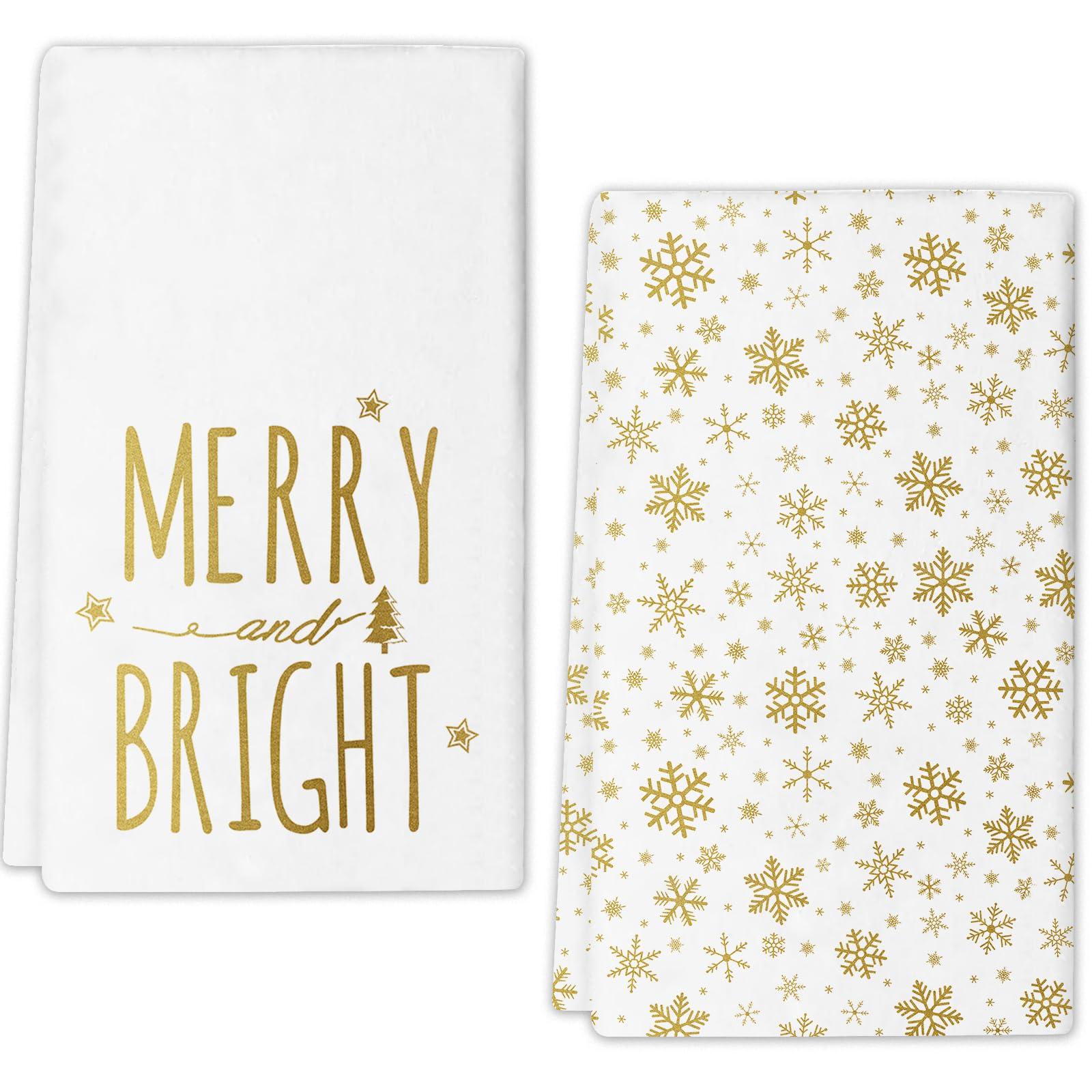 Photo 1 of JOOCAR Gold Christmas Kitchen Towels Merry and Bright Christmas Kitchen Decor Dish Towels Set of 2, 16x27 Inch Seasonal Drying Dishcloth, Gold Snowflake Decoration Hand Towels