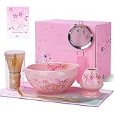 TEAYAMI Matcha Whisk Set, 6pcs Matcha Set Includes Large Matcha Bowl with Dual-Spout, Bamboo Whisk & Scoop with Cute Charm, Chasen Holder, Innovative Sifter, Tea Mat for Latte Making-Pale Pink