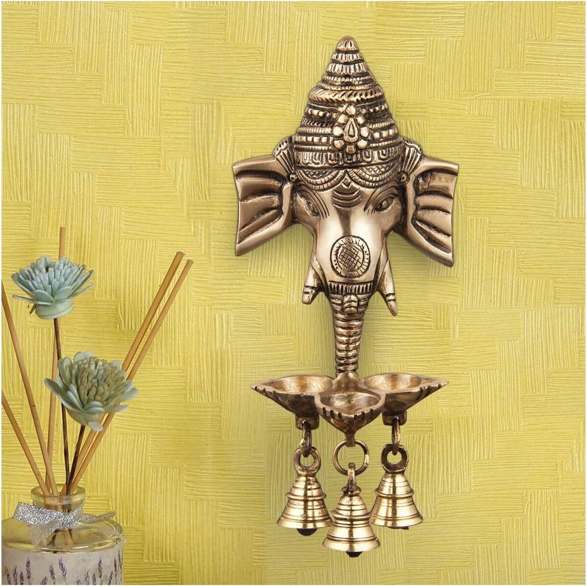 Oil Lamps & Accessories - NOBILITY Ganesha Brass Diya Hanging with Bell Premium Ganesh Idol for Home Temple Mandir Mandap Diwali Office Decorative Pooja Set Puja Thali Wedding Return Gift Items