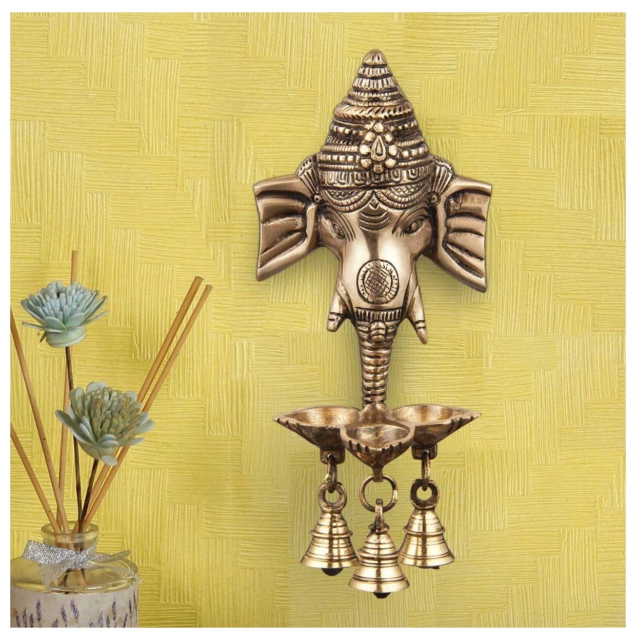 NOBILITY Premium Ganesha Brass Hanging Diya with Bell for Home Temple Mandir Mandap Diwali Home Office Decor Set Gift