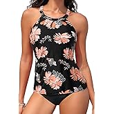 Yonique Two Piece High Neck Tankini Swimsuits for Women Tummy Control Bathing Suits Floral Print Swimwear