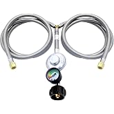 5FT Y-Splitter Low Pressure Propane Regulator Hose w/ Gauge for Gas Grill | QCC1 / Type 1 ACME Nut, Stainless Braided Hose,3/8" Flare Nut for Patio Heater,BBQ Smokers &amp; Cookers