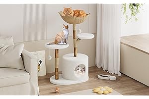Modern Cat Tower with Wicker Condo, Real Wood Cat Tree Scratching Post with Plush Bed, Natural Sisal & Boho Style Pet Furnitu