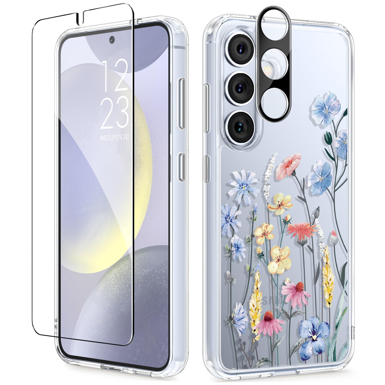 Photo 1 of GVIEWIN Compatible with Samsung Galaxy S24 Plus Case Floral, with Screen & Camera Lens Protector, Hard PC&TPU Bumper Clear Shockproof Protective for S24 Plus Phone Case Women 6.7"(Aconite/Light Blue)