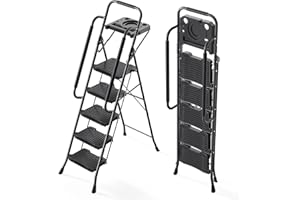 KINGRACK 5 Step Ladder with Tool Platform, 900 lbs Sturdy Step Stool with Handrail, Folding Steel Ladder with Wide Pedal, Safety Ladder for Adults Home Outdoor Painting Garage Office