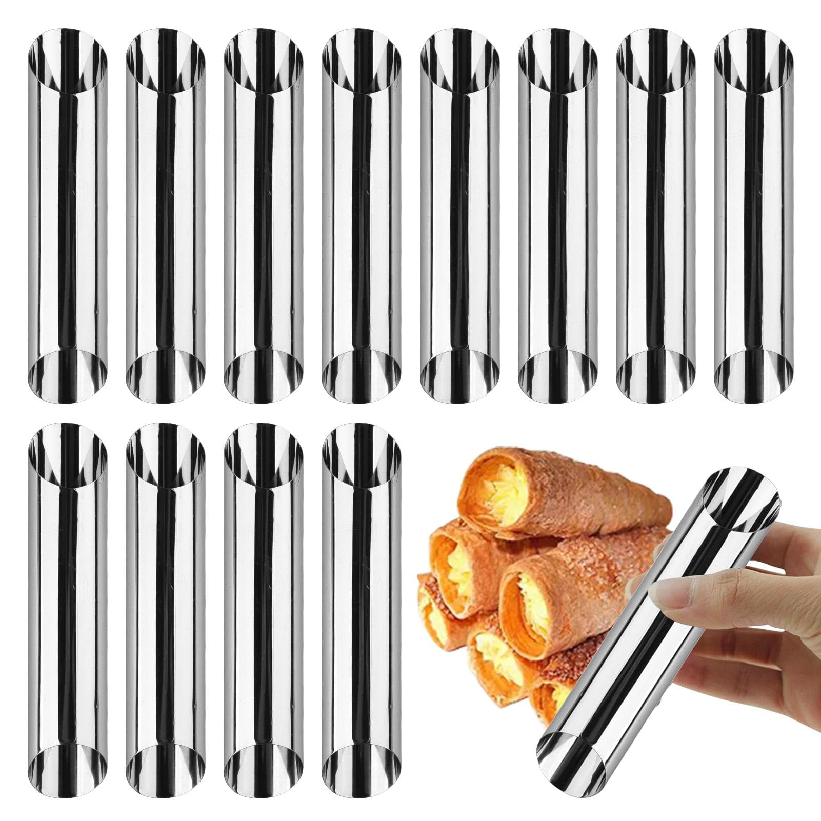 12 Pcs Cannoli Tubes, Non Stick Cannoli Moulds 5inch, Stainless Steel Cream Roll Mold for Baking Dessert Bread Danish Pastry Pancake Crisps (Silver)