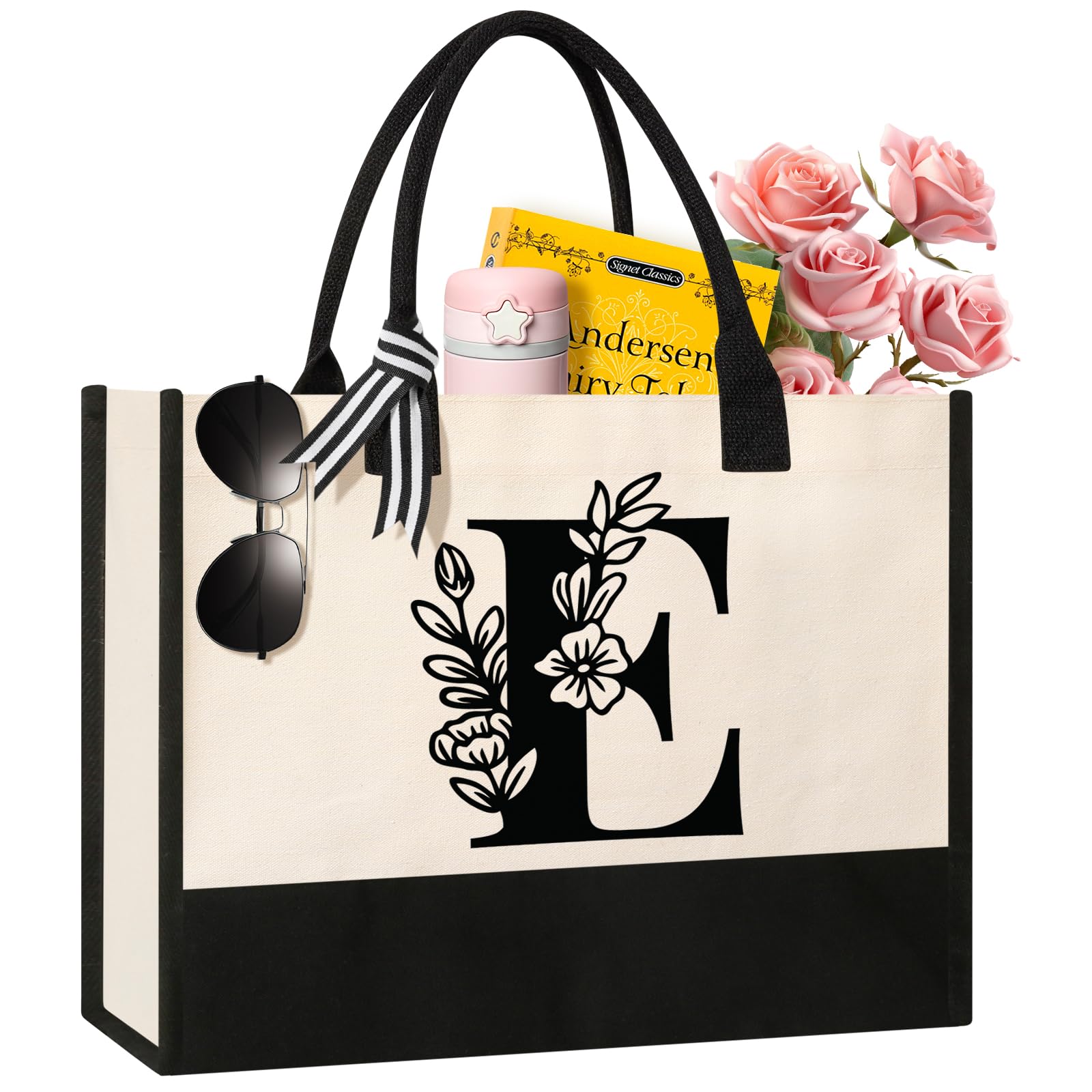 Photo 1 of Personalized Initial Canvas Tote Bag, Suitable for Birthday, Wedding, Beach, Holiday, Gifts for Women, Mom, Teachers, Nurses, Best Friends, Bridesmaids (E)