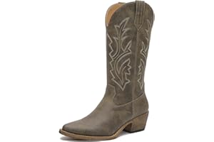 GLOBALWIN Women's Mid Calf Western Cowboy Boots Cowgirl Boots for Women with Floral Embroidery Side Zipper Chunky Heel