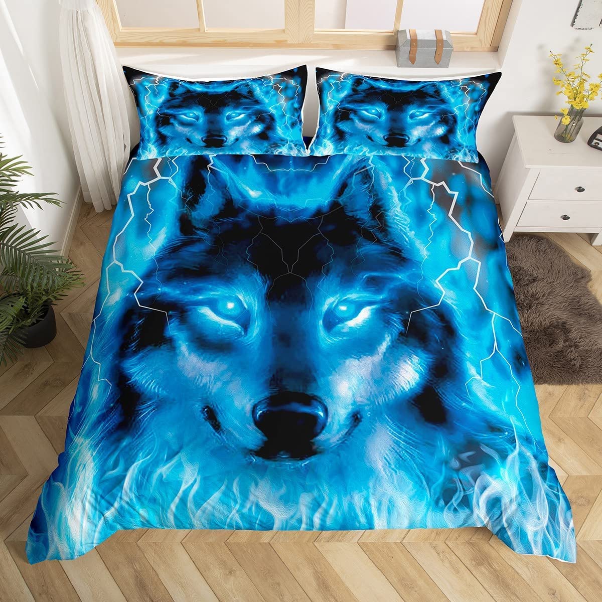 Wolf Bedding Double Kids Teenagers Safari Animal Pattern Duvet Cover Set Cool Wildlife Wildlife Beds Set Glitter Blue Wild Wolf Lightweight Bedclothes Boys Girls Teens Soft Microfiber