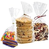 Clear Treat Bags (200 pack) - 4x6 Clear Plastic Gift Bags with 4” Twist Ties 3 Mix Colors - BPA-free for Packaging - For Wedding, Cakes, Pops, Gift