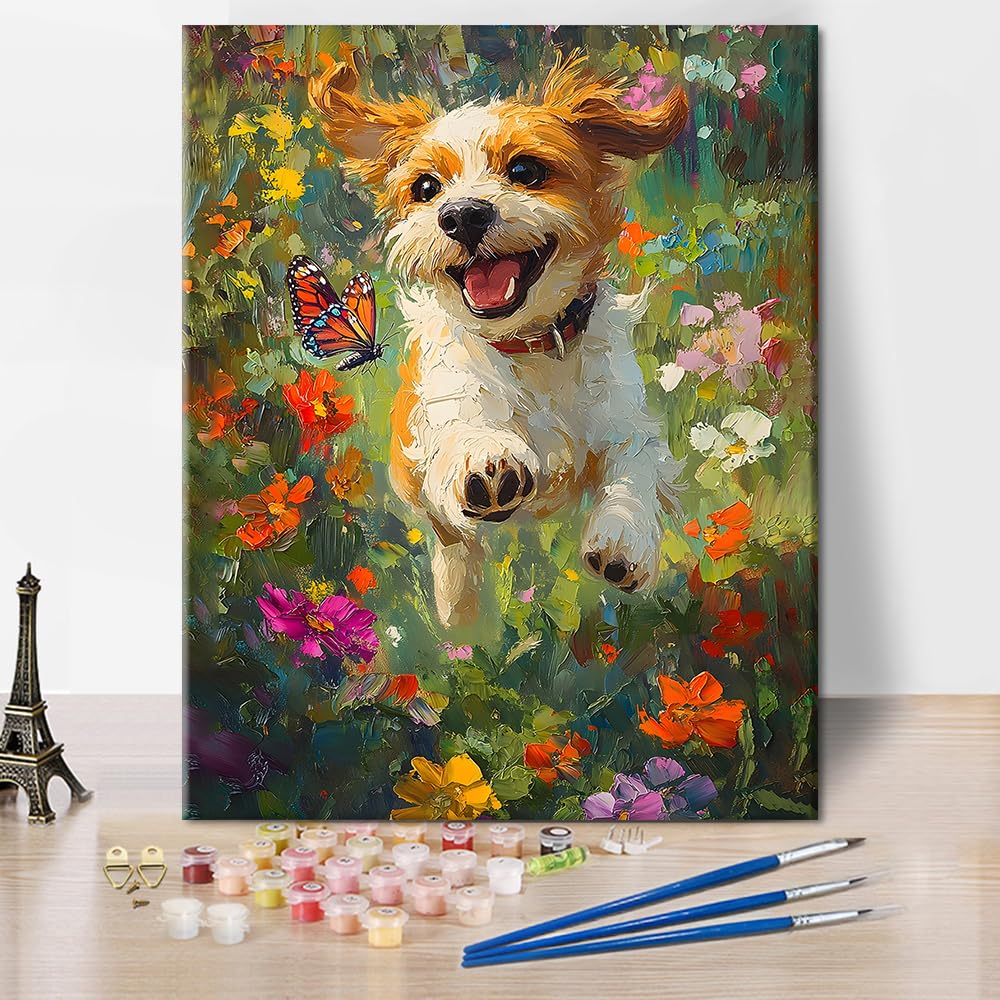TISHIRON Adult Paint by Number, Dog Paint by Numbers, Puppy Adult Paint by Number Kits On Canvas DIY Color by Number, Dog Flower Painting by Numbers with 3 Brushes for Home Decor, 16 x20 Inch