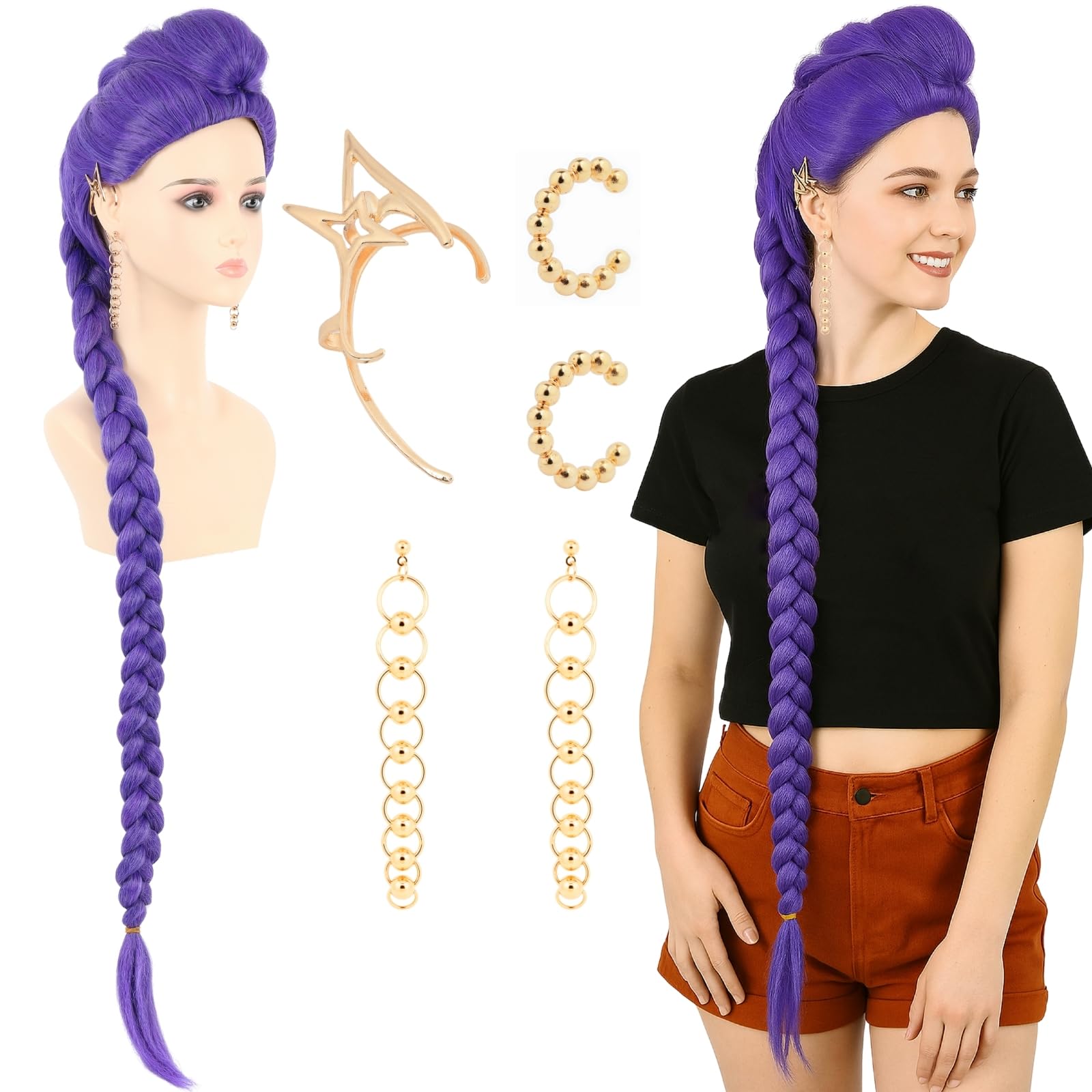 Photo 1 of **** MISSING EAR CUFF *** PUREHAIR 47 Inches Long Purple Braided Hair Anime Costume Wig – High Temperature Heat Resistant Silk Fiber – Natural Looking Cosplay Wig for Halloween Party, Cosplay (Purple, Adult Size)