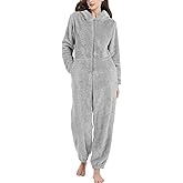 Kissonic Women's Onesies Pajamas Sherpa Fleece One Piece Romper Zipper Cute Hooded Jumpsuit Pajama Loungewear