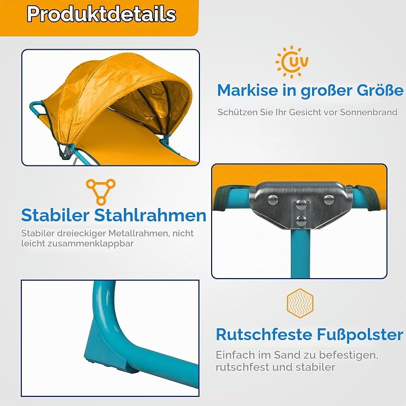 2 Pack Outdoor-Lounge-Stuhl, Sonnenstuhl mit Sonnenschirm Dach, verstellbare Rückenlehne Folding Chaise Lounge, Liege Strand Bett für Strand, Camping, Wandern -Gelb