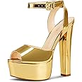 NobleOnly Womens High Block Platform Heel Peep Toe Ankle Strap Sandals Buckle Prom Dress Shoes 5.9 Inches Heels