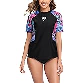 Halcurt Women's Short Sleeve Swim Shirt Rash Guard Swimsuit Top Only UPF50+ Sun Protection Bathing Suit