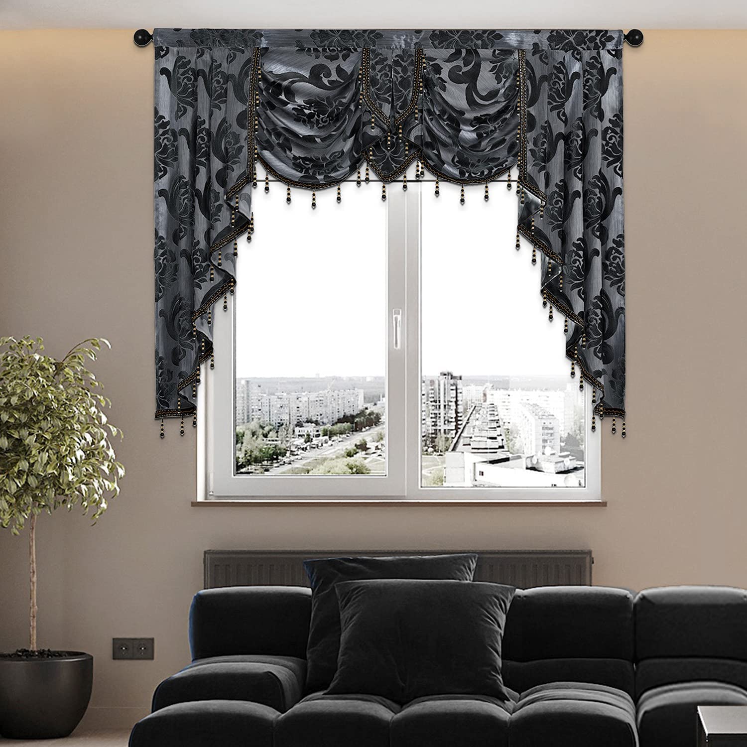 NAPEARL Black Waterfall Valance - Luxury Curtains for Living Room, Bedroom, Dining Room, Bay Window - Jacquard Swag Curtains, 61-Inch Wide
