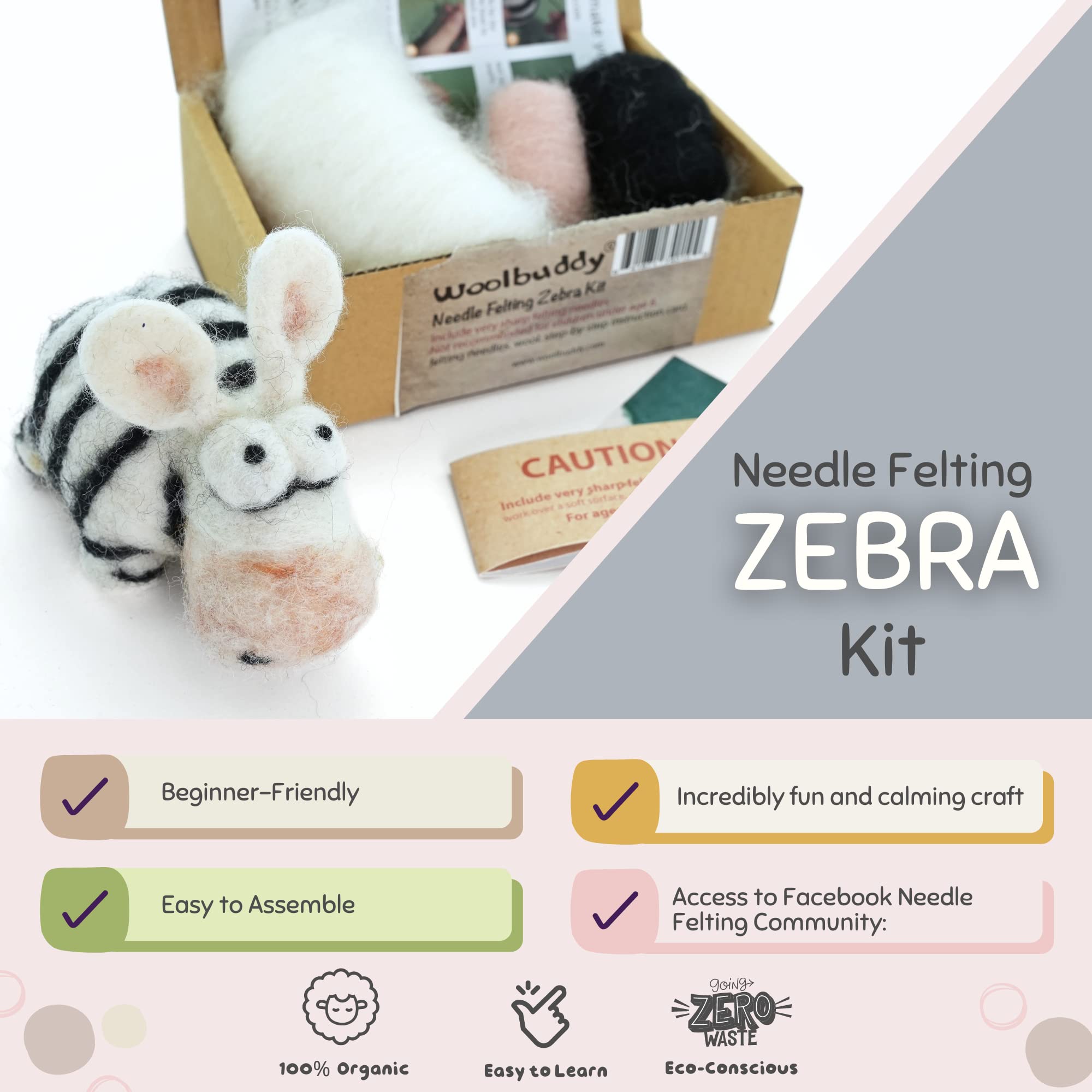 Woolbuddy Needle Felting Kit for Beginners Adults, Zebra Felt Animal DIY Project, Complete Kit with Wool, Two Needles, and Step Guide