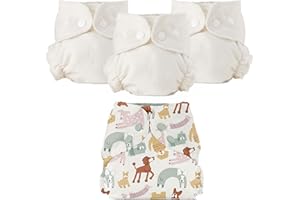 Esembly Cloth Diaper Bundle Set - 3 Organic Cotton Absorbent Inners and 1 Waterproof Outer Diaper Cover - Reusable, Washable, Snap Closure Cloth Diapers - Size 1 (7-17lbs), Off-Leash