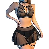 Lilosy Sexy Fishnet Stocking Chocker Strappy Underwire O Ring Skirt Women Lingerie Set 5 Piece