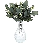 KALIONE 12 PCS Artificial Silver Dollar Eucalyptus Leaves Picks Stems and Faux Branches with White Seeds, 11.4'' Decoration Greenery Stems Plants for Vase Bouquets, Flower Arrangement(Style 2)