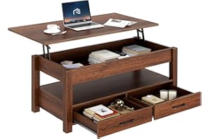 Rolanstar Coffee Table, Lift Top Coffee Table with Drawers and Hidden Compartment, Retro Central Table with Wooden Lift Tabletop, for Living Room,Espresso