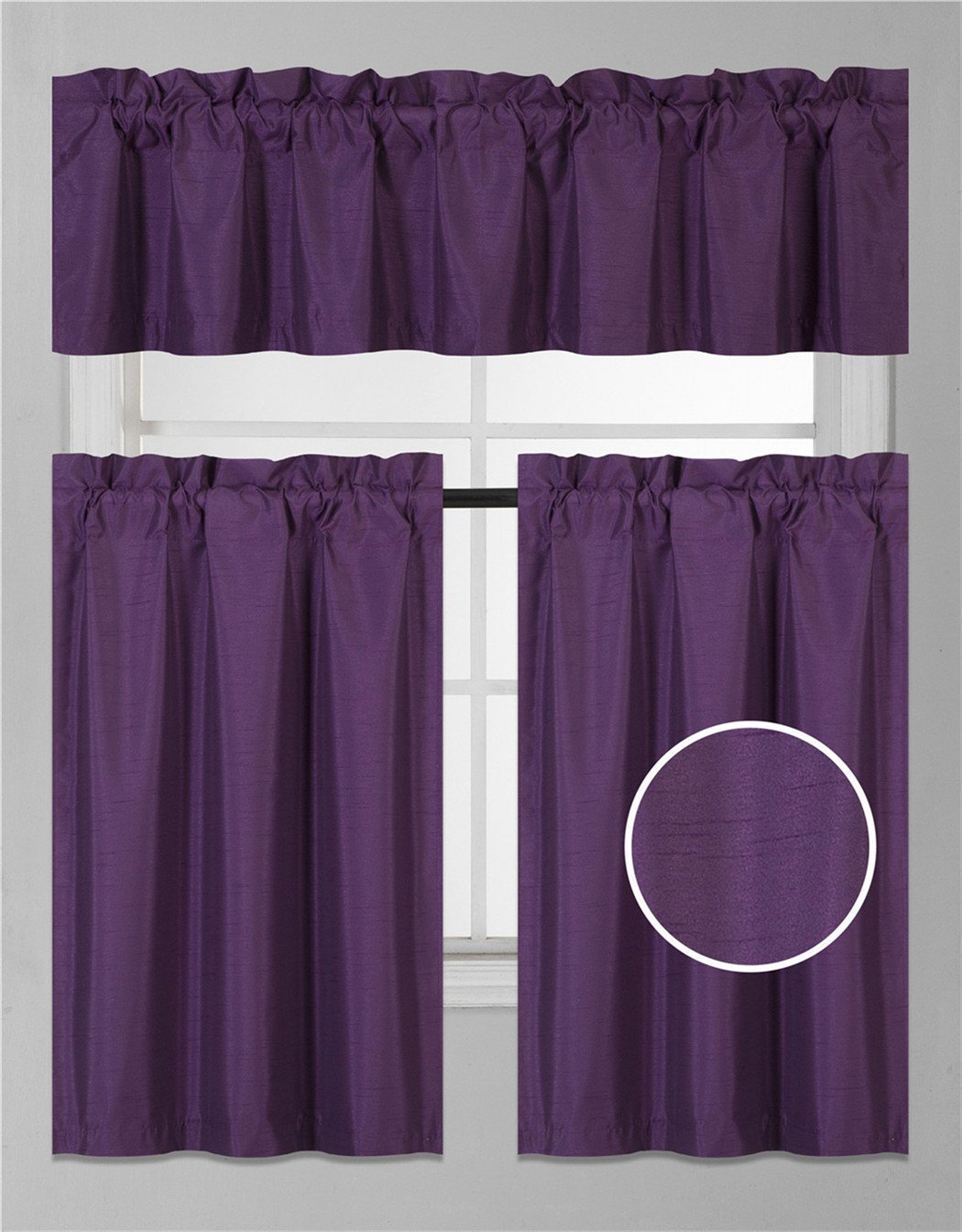 Fancy Collection 3 Pieces Faux Silk Blackout Kitchen Curtain Set Tier Curtains and Valance Set Solid Dark Purple Window Set Thermal Backing Drapes Assorted Colors New
