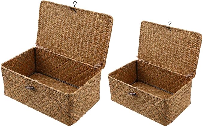 FLAMEER 2 Packungen Gewebte Seegras Aufbewahrungsbox Körbe mit Deckel