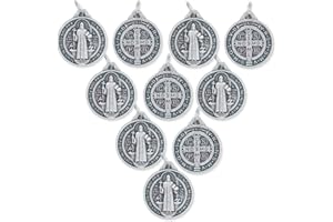 Caritas et Fides Bulk Pack of 10 - St. Benedict Medal Pendant - 3/4 Inch Round Silver Oxidized St. Benedict Medals for Necklace, Medals for Jewelry Catholic, Made in Italy