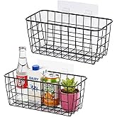 Black Hanging Wall Baskets,inside cabinet door organizer,Adhesive Wire Wall Storage Baskets for Pantry and organizer, Kitchen onion Food photo Bathroom,No Drilling Wall Mounted Basket,2 Pack