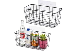 Hanging Kitchen Baskets Adhesive Sturdy Wire Storage Baskets with Kitchen Food Pantry Bathroom Shelf Storage No Drilling Wall