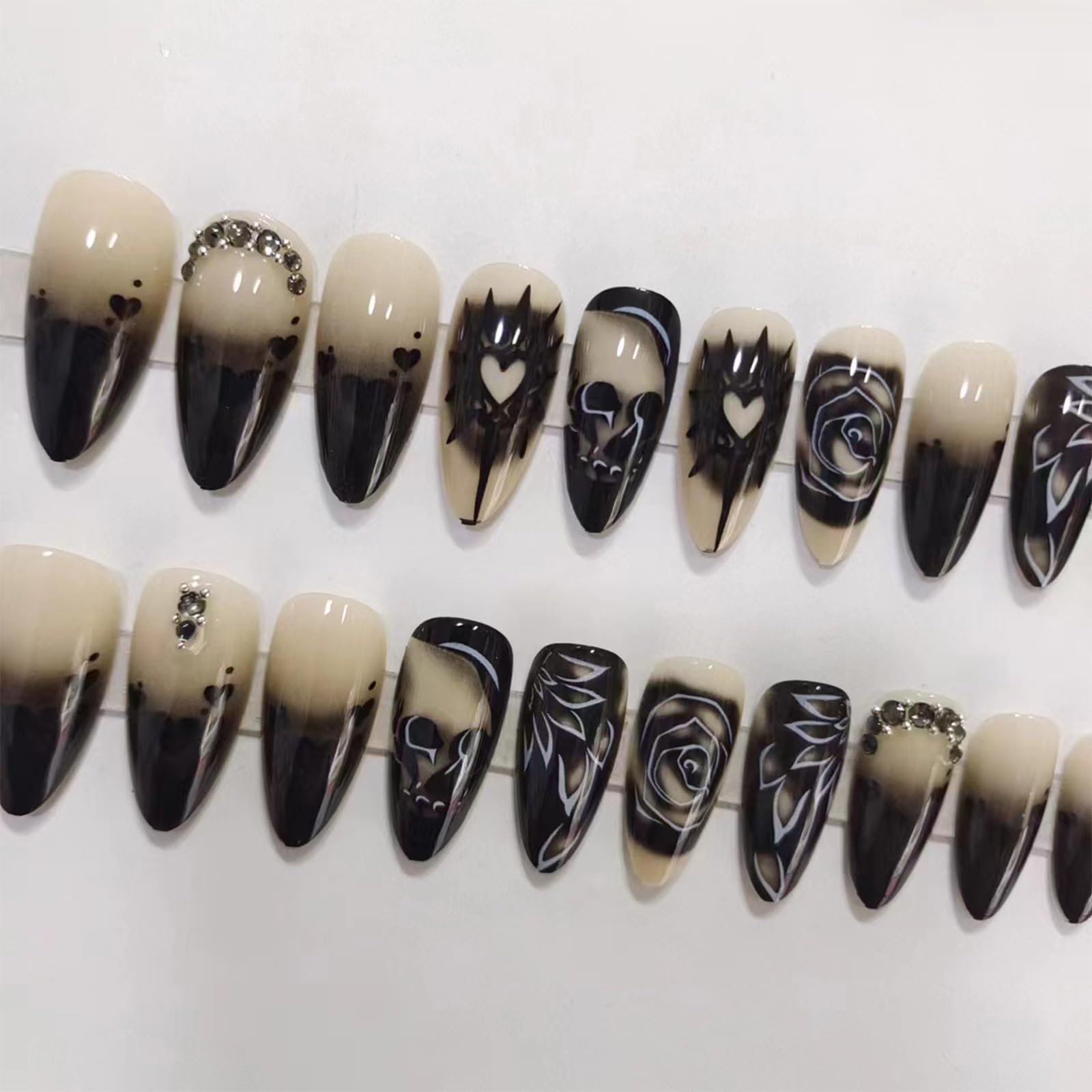Halloween Press on Nails Long Almond Fake Nails Goth Skull Black Rose False Nails with Design Rhinestone Acrylic Glue on Nails Glossy Full Cover Stiletto Artificial Stick on Nails for Women Manicure - Image 2