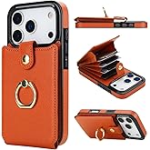 Folosu Compatible with iPhone 17 Pro Case Wallet with Card Holder, 360°Rotation Finger Ring Holder Kickstand, RFID Blocking Leather Protective Double Buttons Shockproof Cover 6.3 Inch Brown