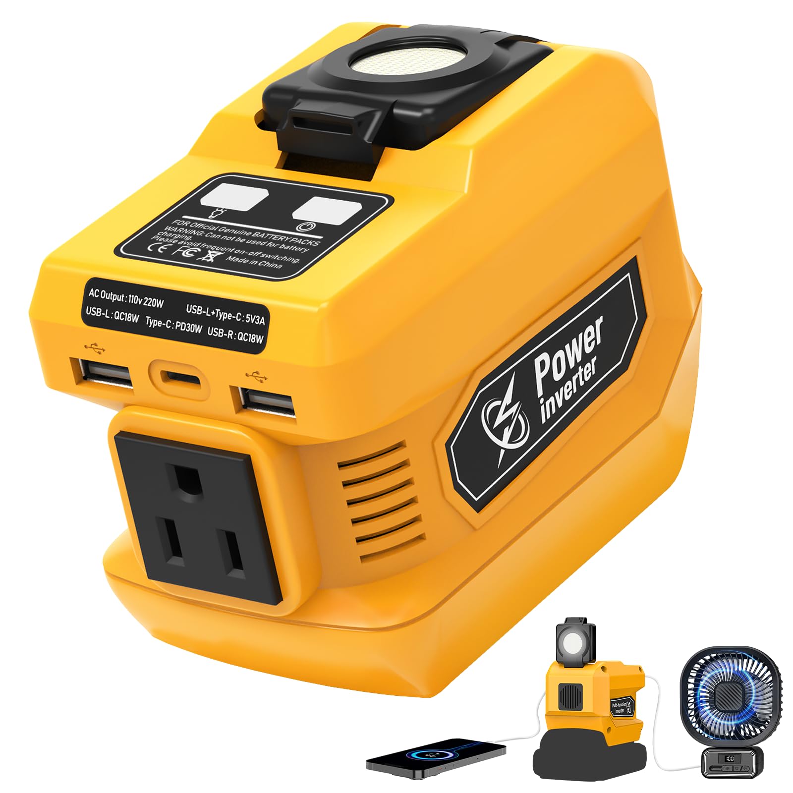Photo 1 of 220W Power Inverter Compatible with Dewalt 20V Battery, DC 20V to AC 110V-120V Portable Power Generator, Inverter with 2 USB Ports 1 Type-C 1 AC Outlet, 400 Lumen Light
