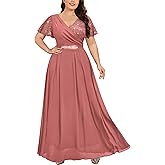 MISSMAY Women's Plus Size Wrap V Neck Sequins Lace Contrast Chiffon Formal Maxi Dress with Rhinestone Ribbon Waist
